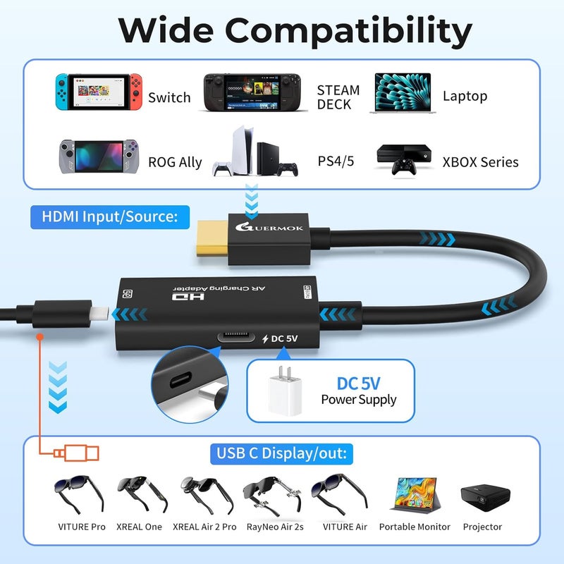 Guermok AR Glasses HDMI to USB-C Display Adapter, 4K@60Hz Play and Charge XR Converter with DC 5V, for XREAL One/Air 2 Pro/RayNeo/Rokid, Switch 2/1, Xbox1, PS4/5, Portable Monitors (Black) - Image 4